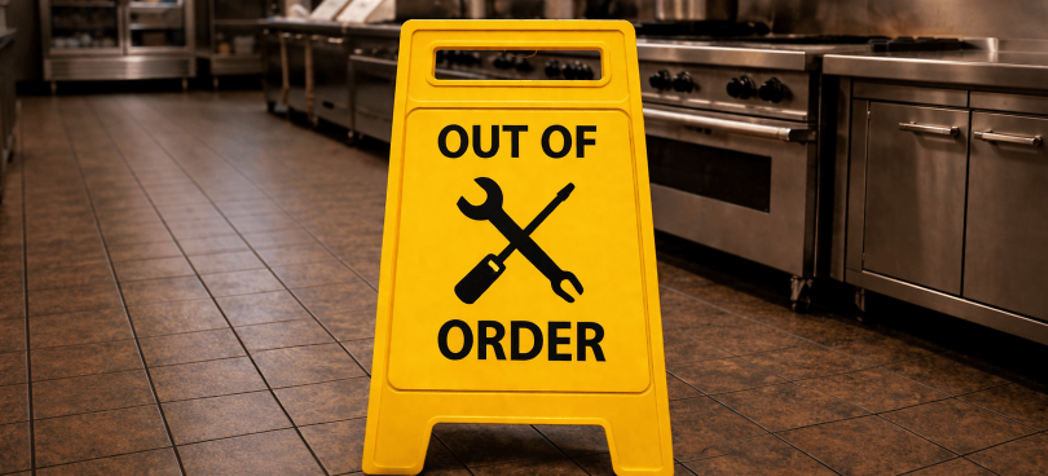 out of order sign in a kitchen - downtime survey landing page