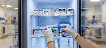 Hands moving medicine bottles in a fridge - safe refrigerations temperatures for vaccines